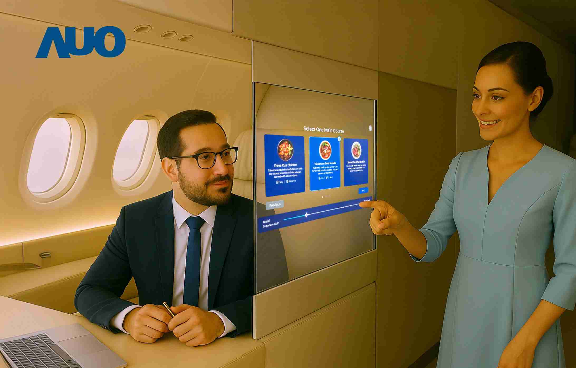 优游UB8研发全球最薄17.3 吋双面透明 Micro LED 显示器，，，可在同一屏幕之双边投射不同信息，，，，创造独特的”透明化”互动；图为实时翻译交流应用情境